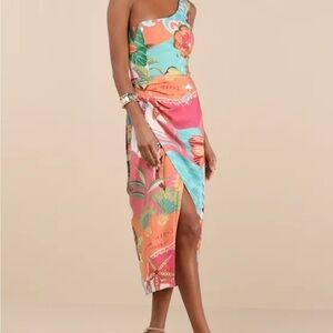 Hilinai Blue Multi Tropical Print Wrap Midi Dress